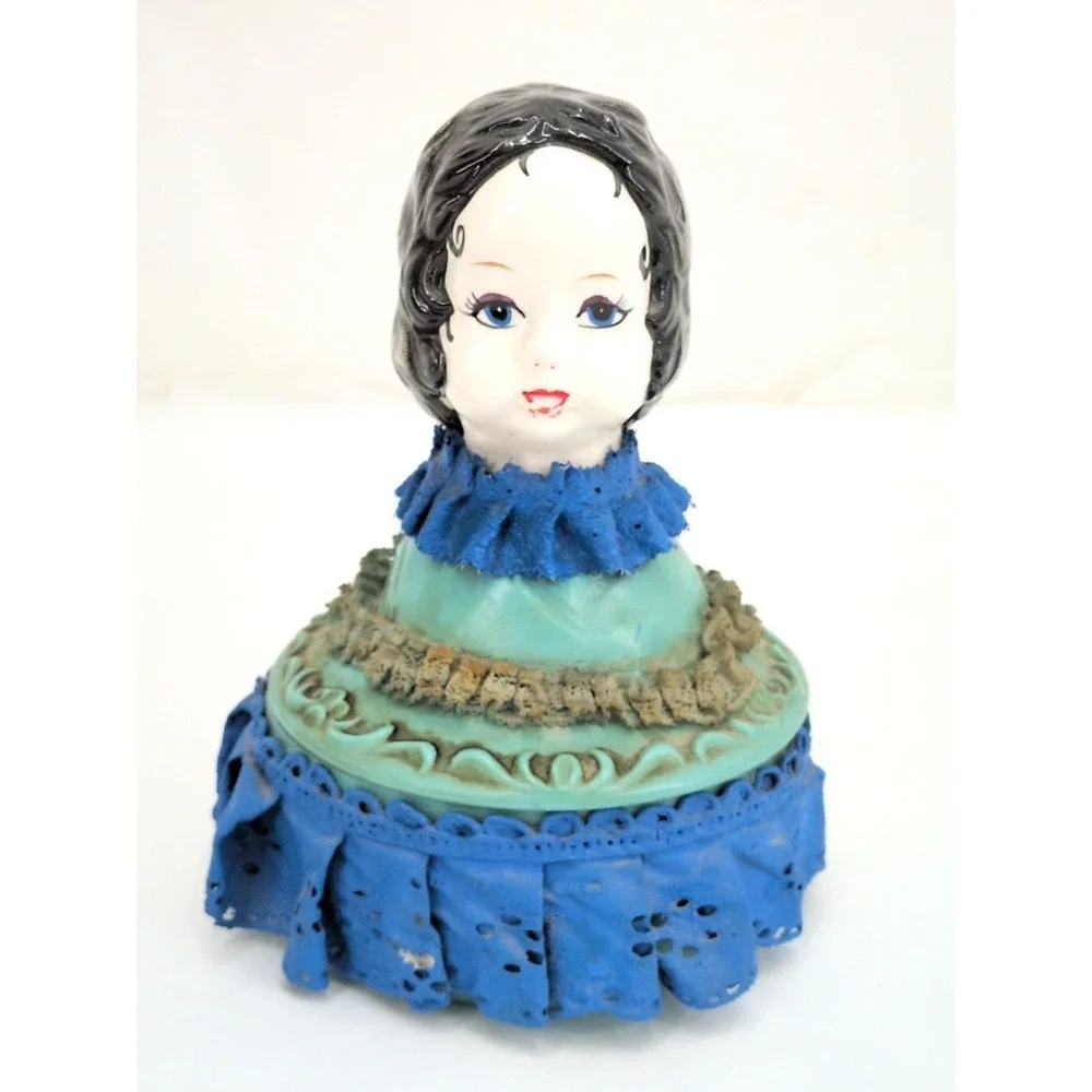 Vintage Victorian Half Doll Porcelain Lady Dresser Box Ceramic Powder Jar